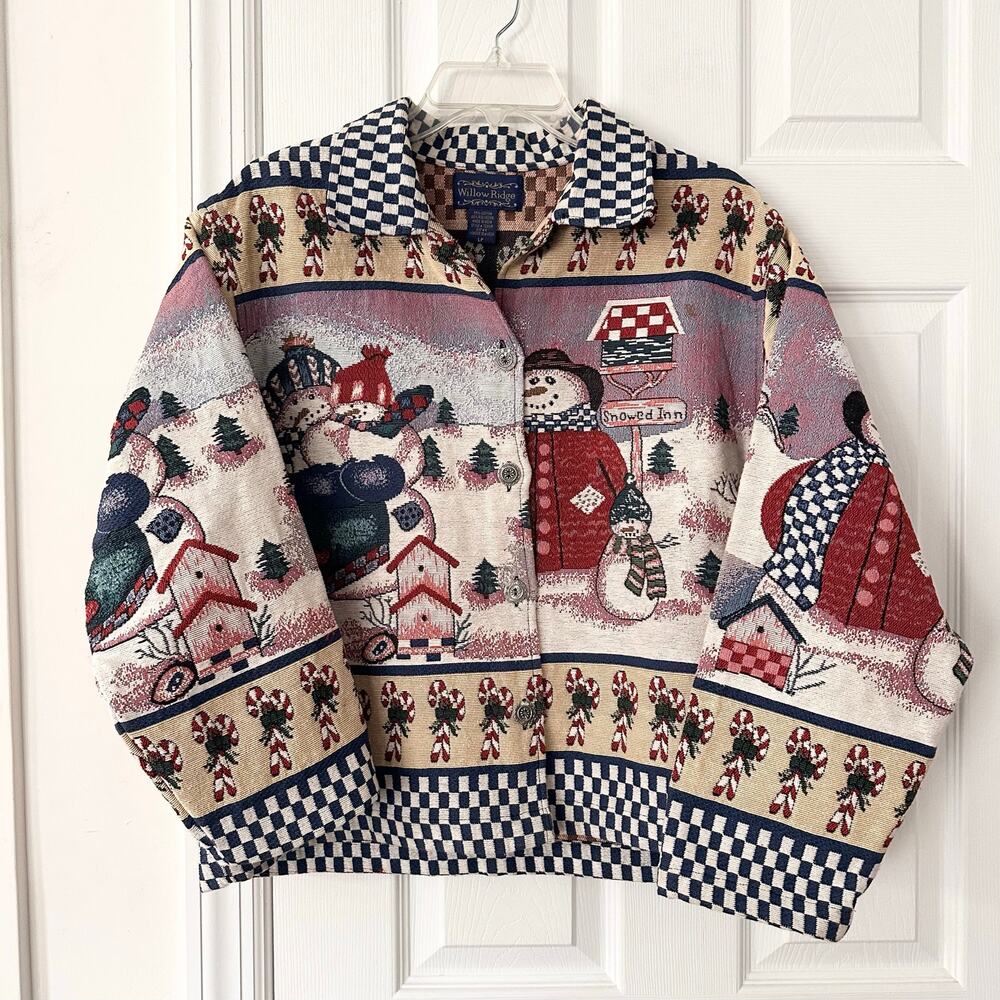 Willow Ridge Tapestry Novelty Christmas Holiday Snowmen Snowed Inn Jacket LP Vtg